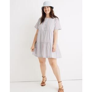 Madewell Womens sz M Striped Crewneck Button-Front Tiered Mini Dress 100% Cotton